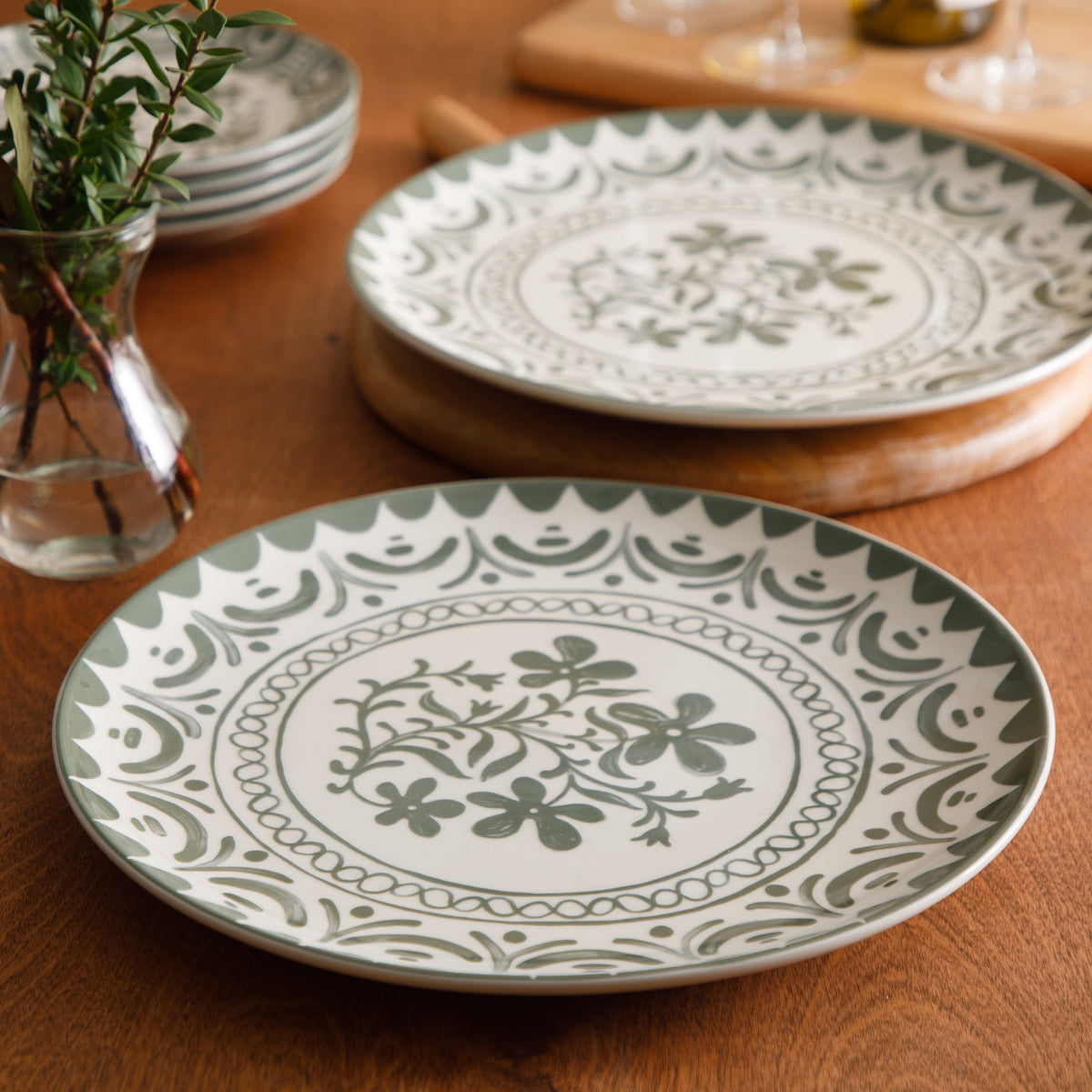 Valencia Flor - 2-Piece 13 Inch Serving Platter Set, Fern Green