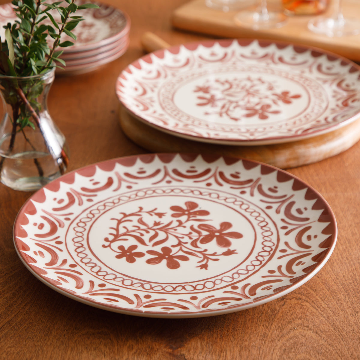 Valencia Flor - 2-Piece 13 Inch Serving Platter Set, Pomegranate Red