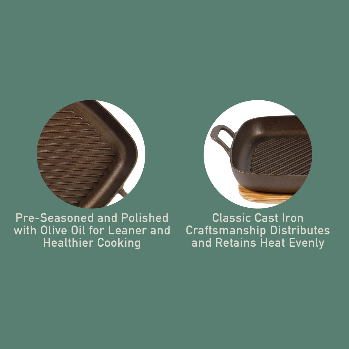 Bloomhouse Natural Bronze Finish 12-Inch Square Cast Iron Grill Pan – Dual Handles & Olive Wood Trivet, Oven, Grill & Campfire Safe