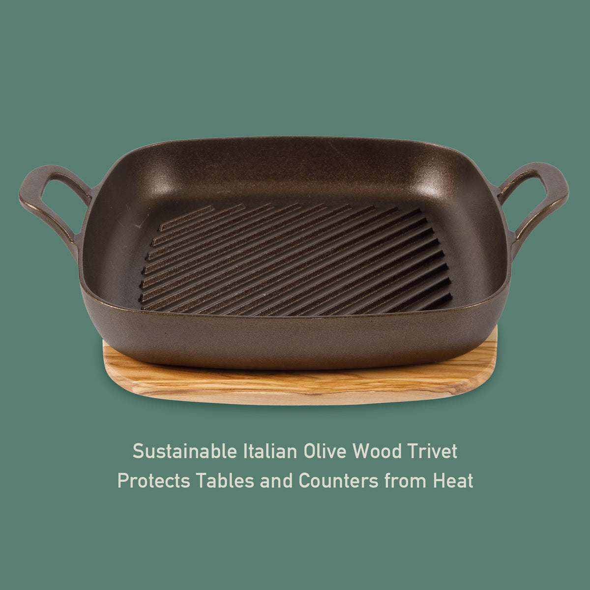 Bloomhouse Natural Bronze Finish 12-Inch Square Cast Iron Grill Pan – Dual Handles & Olive Wood Trivet, Oven, Grill & Campfire Safe