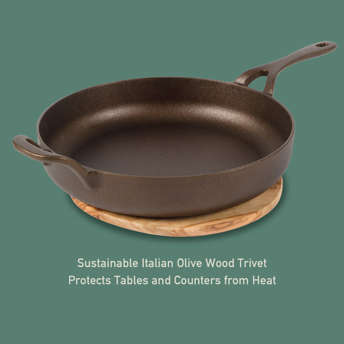 Bloomhouse Natural Bronze Finish 10-Inch Cast Iron Skillet with Long Handle, Helper Handle & Olive Wood Trivet – Fry Pan, Oven & Stovetop Safe (Copy)