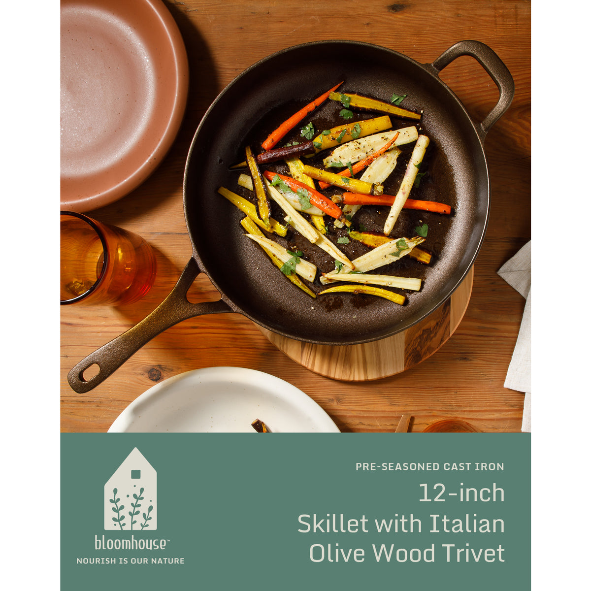 Bloomhouse Natural Bronze Finish 12-Inch Cast Iron Skillet with Long Handle, Helper Handle & Olive Wood Trivet – Fry Pan, Oven & Stovetop Safe