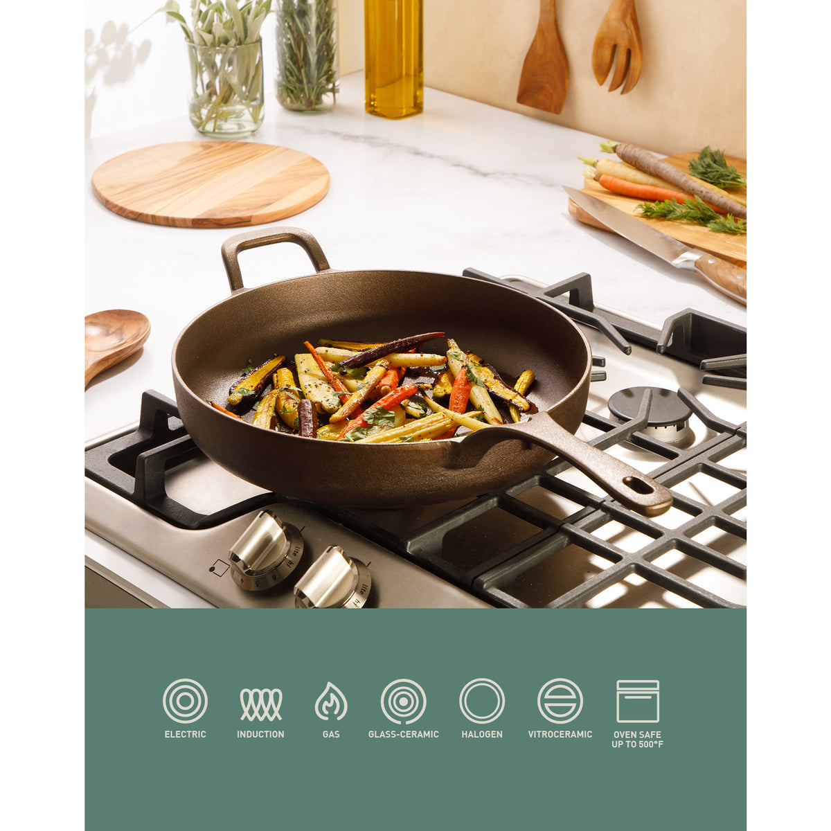 Bloomhouse Natural Bronze Finish 12-Inch Cast Iron Skillet with Long Handle, Helper Handle & Olive Wood Trivet – Fry Pan, Oven & Stovetop Safe