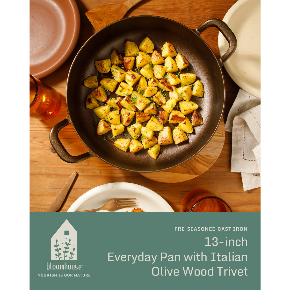 Bloomhouse Natural Bronze Finish 13-Inch Round Cast Iron Everyday Pan – Dual Handles & Olive Wood Trivet, Oven, Stovetop & Campfire Safe