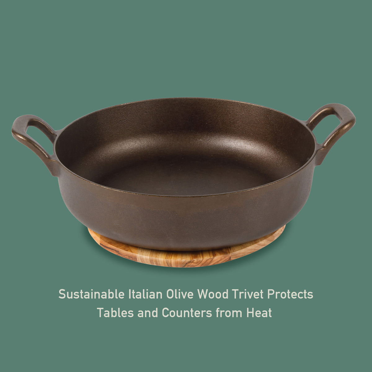 Bloomhouse Natural Bronze Finish 13-Inch Round Cast Iron Everyday Pan – Dual Handles & Olive Wood Trivet, Oven, Stovetop & Campfire Safe