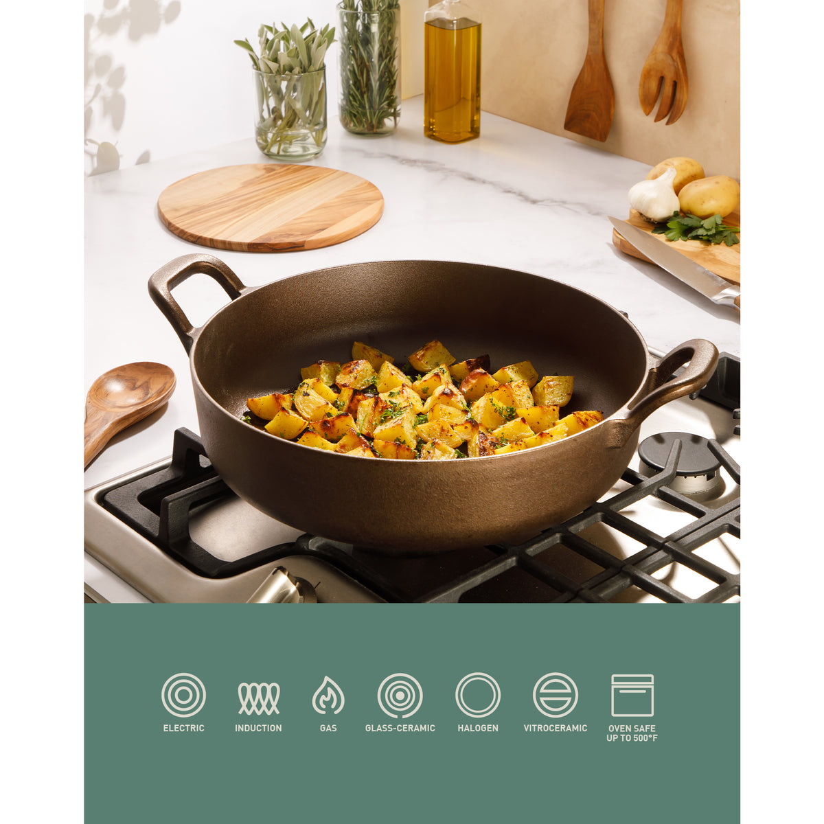 Bloomhouse Natural Bronze Finish 13-Inch Round Cast Iron Everyday Pan – Dual Handles & Olive Wood Trivet, Oven, Stovetop & Campfire Safe