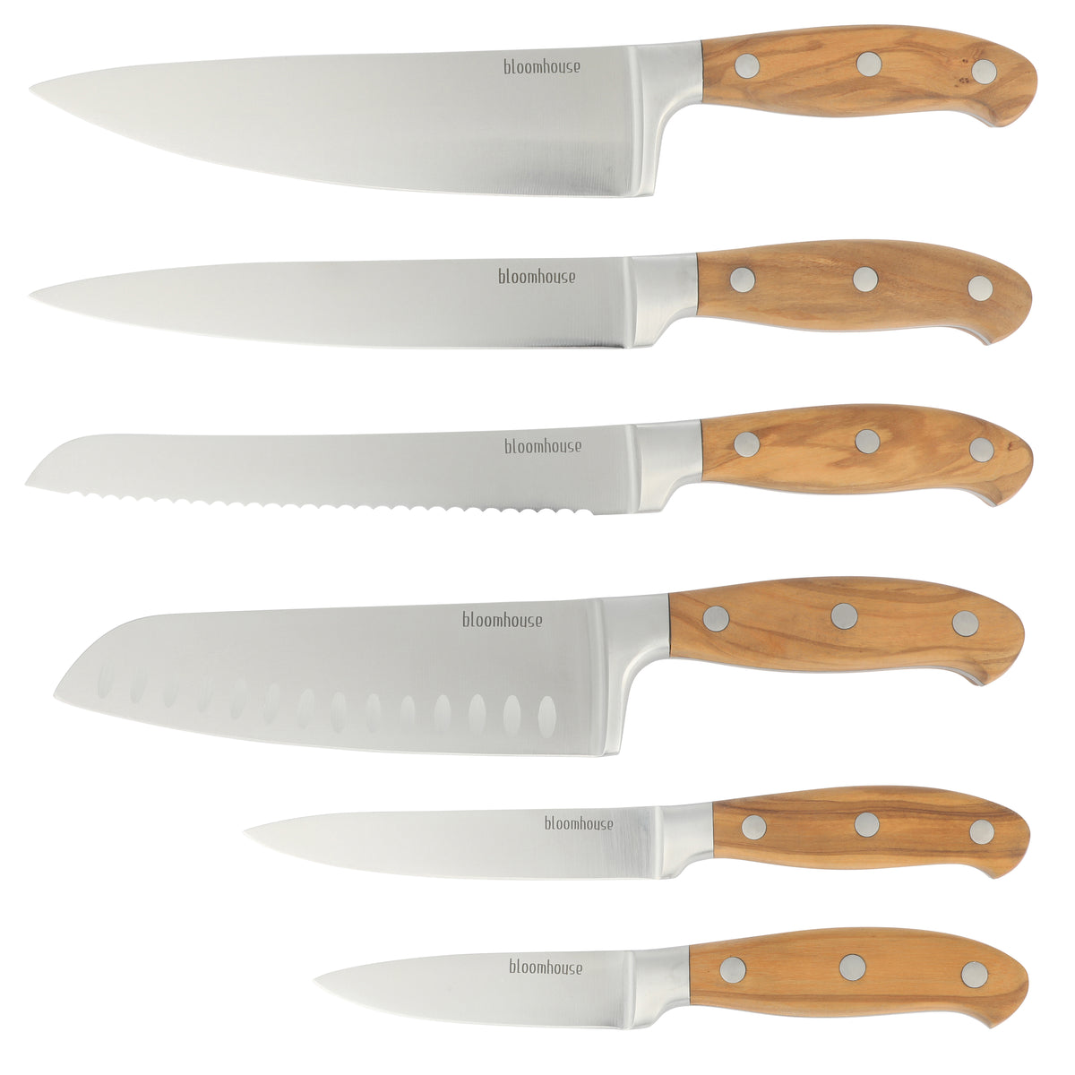 Bloomhouse 7 Piece Italian Olive Wood Knife Block Set w/ German Forged Steel Knives
