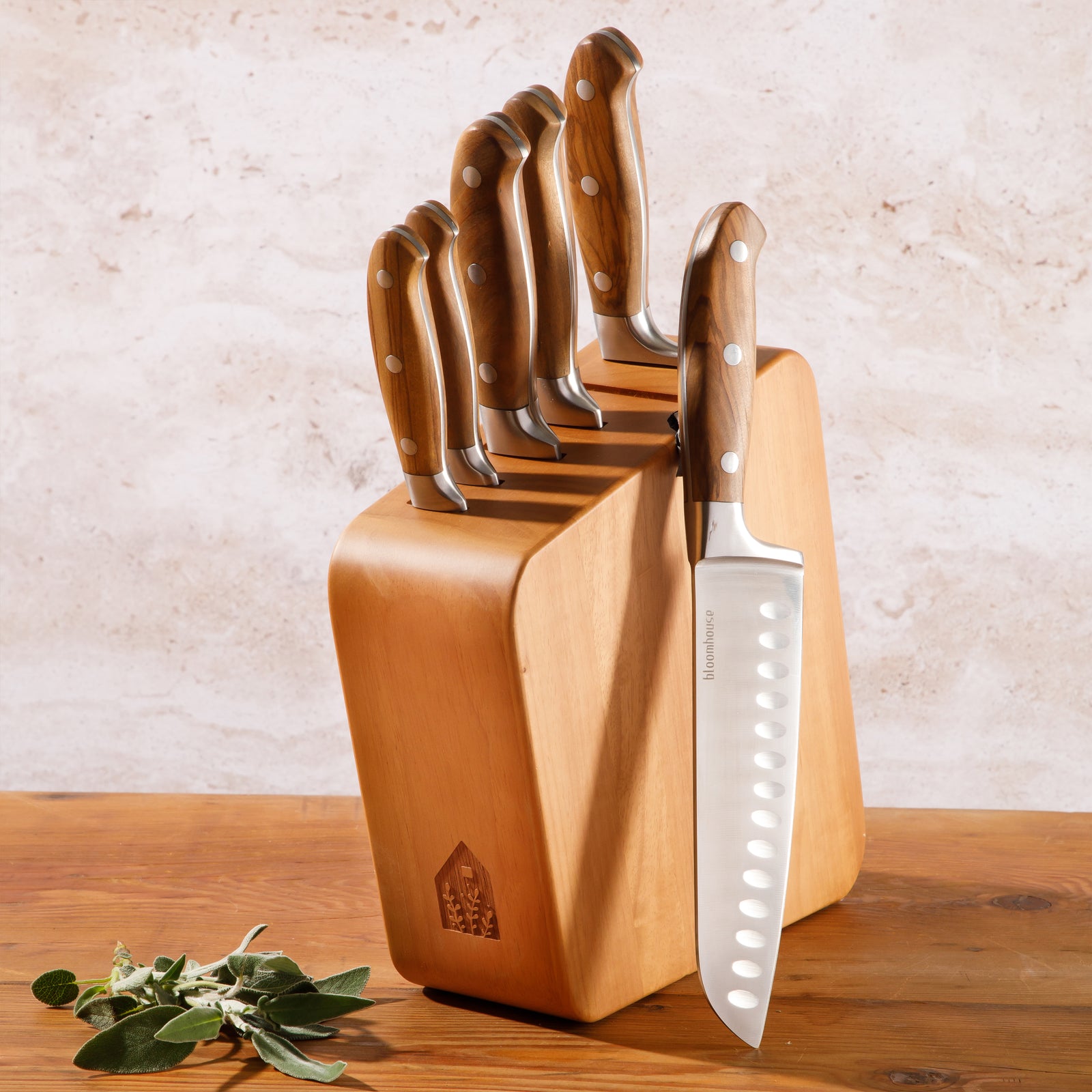 Bloomhouse 7 Piece Italian Olive Wood Knife Block Set w/ German Forged Steel Knives