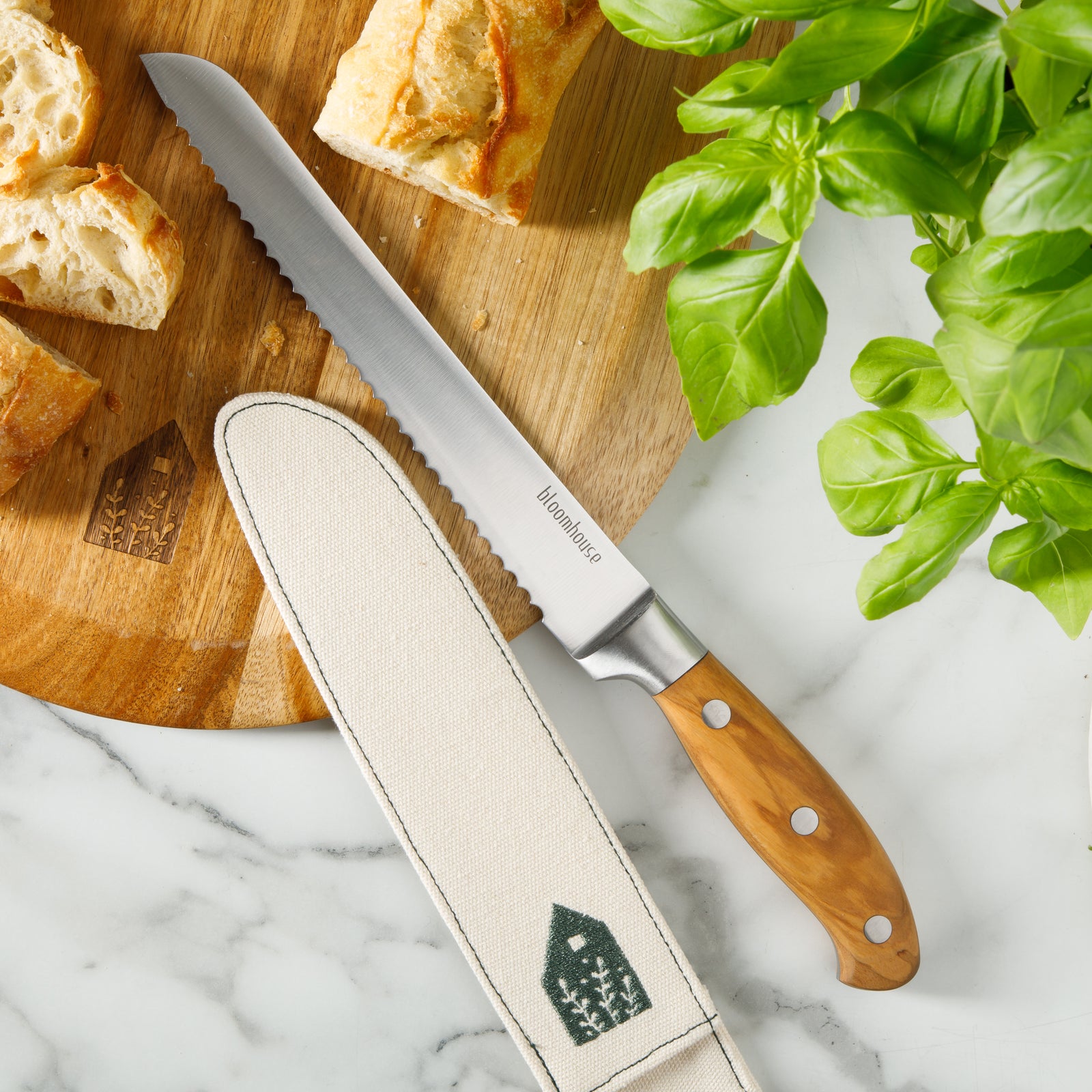 Bloomhouse 8 Inch Bread Knife made with Olive Wood and German Steel