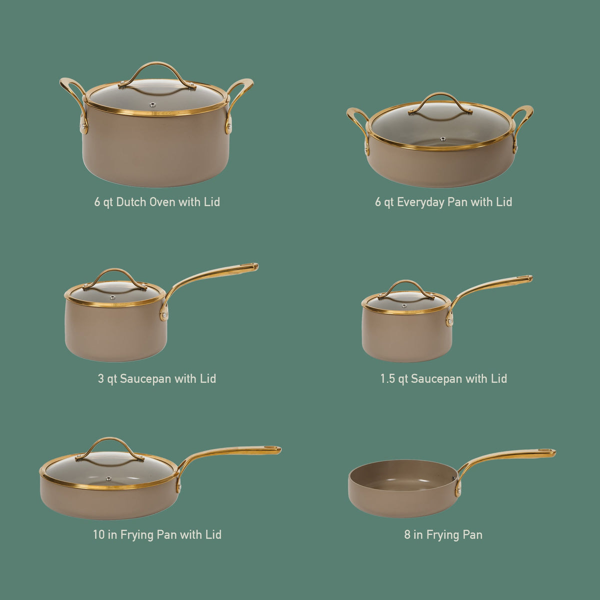 15-Piece Cookware Set - PFAS-Free Ceramic Nonstick Aluminum with Gold Handles, Cappuccino Cream