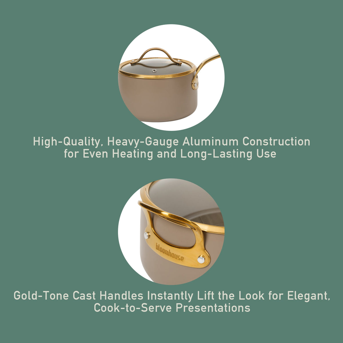15-Piece Cookware Set - PFAS-Free Ceramic Nonstick Aluminum with Gold Handles, Cappuccino Cream