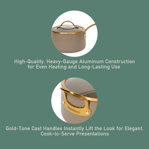 15-Piece Cookware Set - PFAS-Free Ceramic Nonstick Aluminum with Gold Handles, Cappuccino Cream