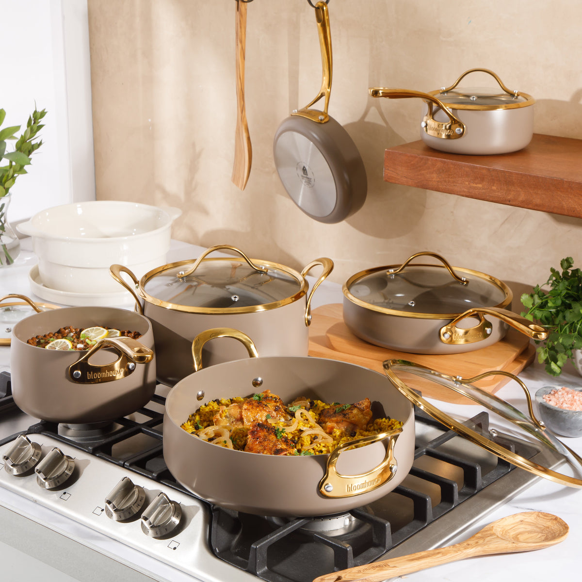 15-Piece Cookware Set - PFAS-Free Ceramic Nonstick Aluminum with Gold Handles, Cappuccino Cream