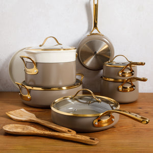 15-Piece Cookware Set - PFAS-Free Ceramic Nonstick Aluminum - Cappuccino Cream with Gold Handles