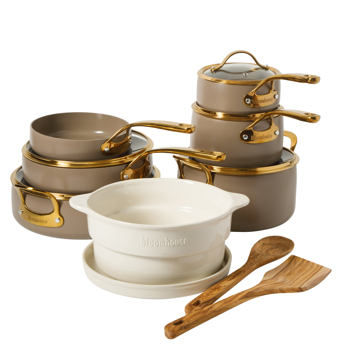 15-Piece Cookware Set - PFAS-Free Ceramic Nonstick Aluminum with Gold Handles, Cappuccino Cream