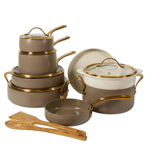 15-Piece Cookware Set - PFAS-Free Ceramic Nonstick Aluminum with Gold Handles, Cappuccino Cream