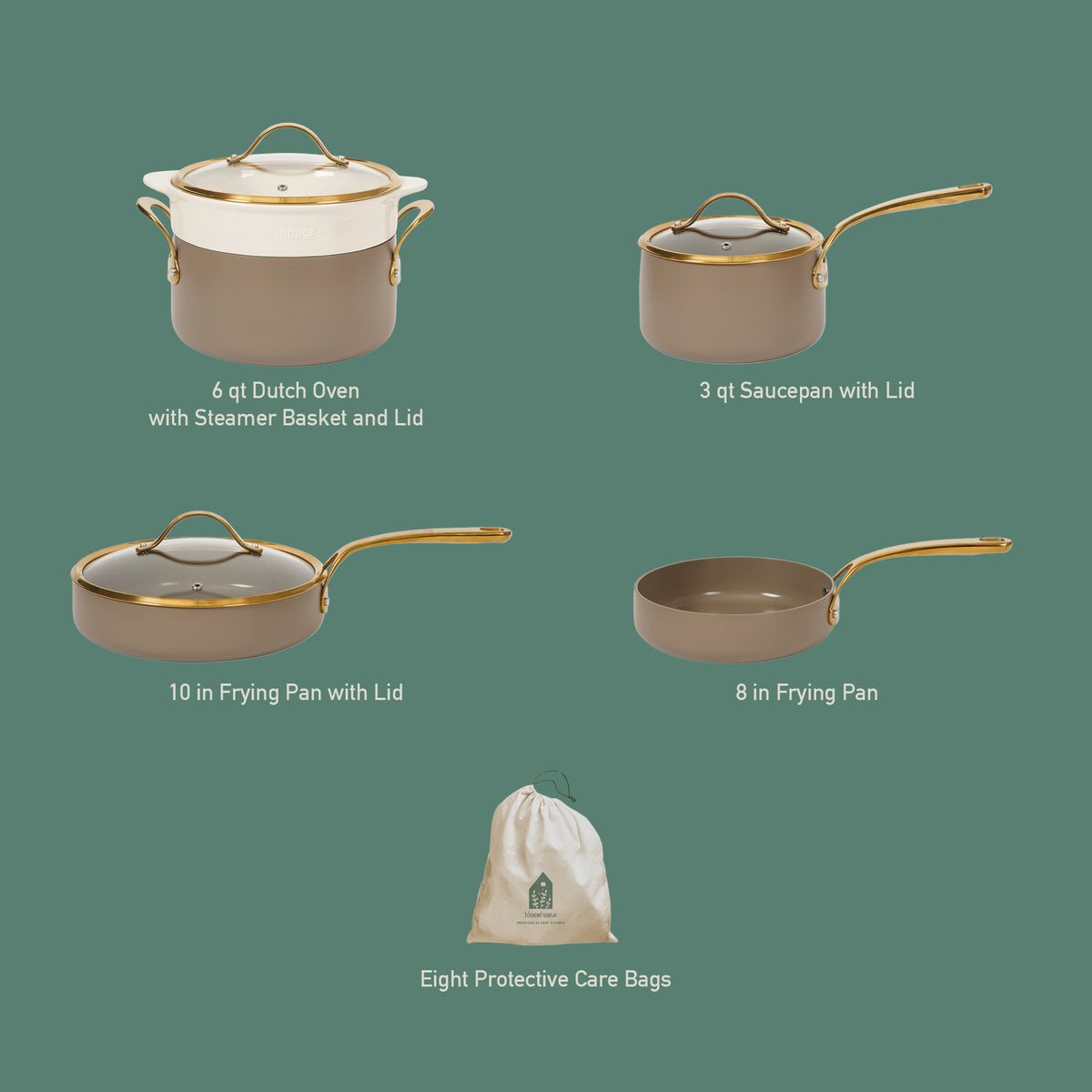 8-Piece Cookware Set - PFAS-Free Ceramic Nonstick Aluminum - Cappuccino Cream with Gold Handles
