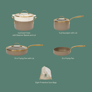 8-Piece Cookware Set - PFAS-Free Ceramic Nonstick Aluminum - Cappuccino Cream with Gold Handles