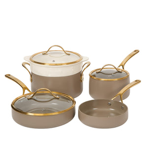 8-Piece Cookware Set - PFAS-Free Ceramic Nonstick Aluminum - Cappuccino Cream with Gold Handles