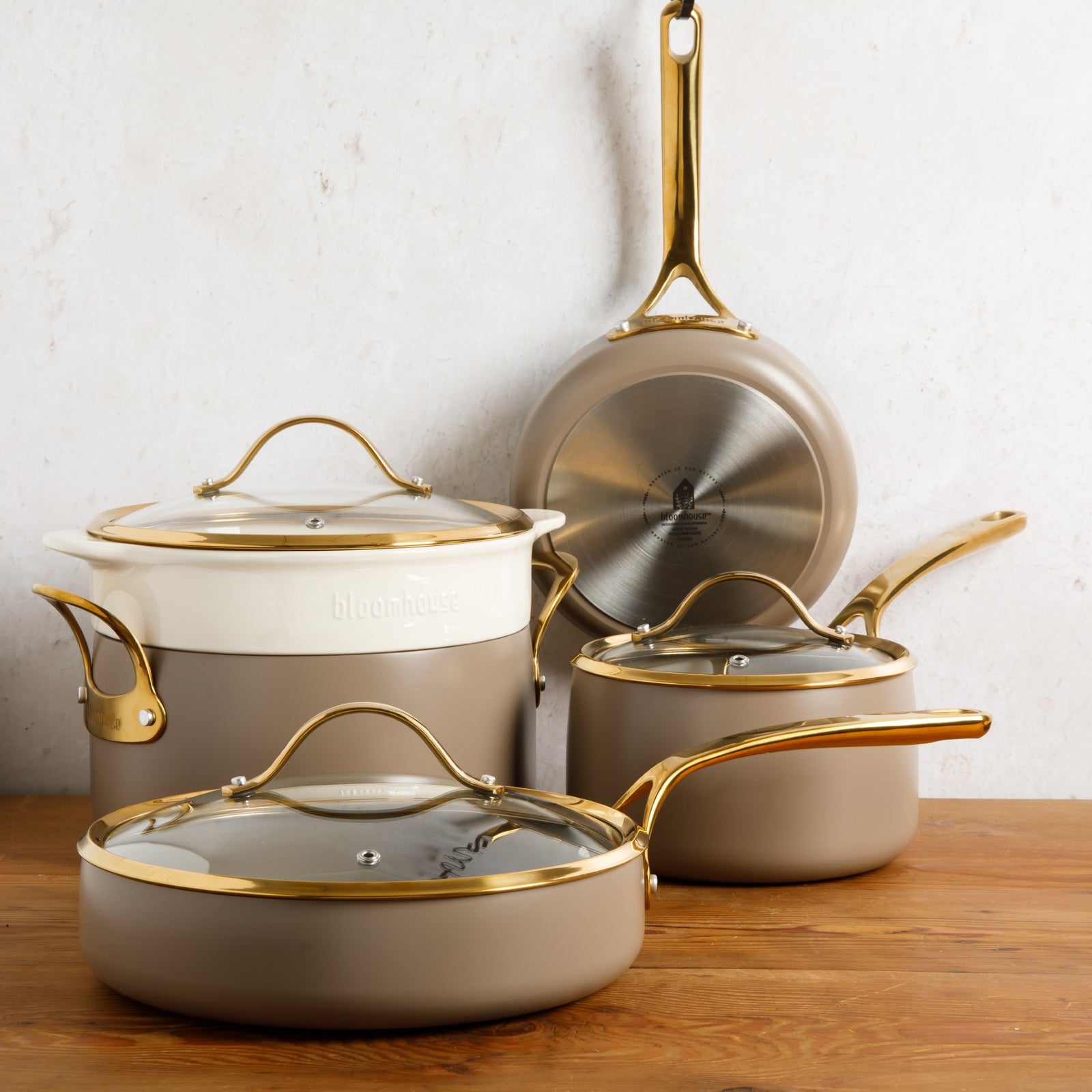 Bloomhouse 8 Piece Pots and Pans Heavy Duty Aluminum Premium PFA Free Ceramic Nonstick Dutch Oven Pot with Lid - Cappuccino Cream with Gold Handle