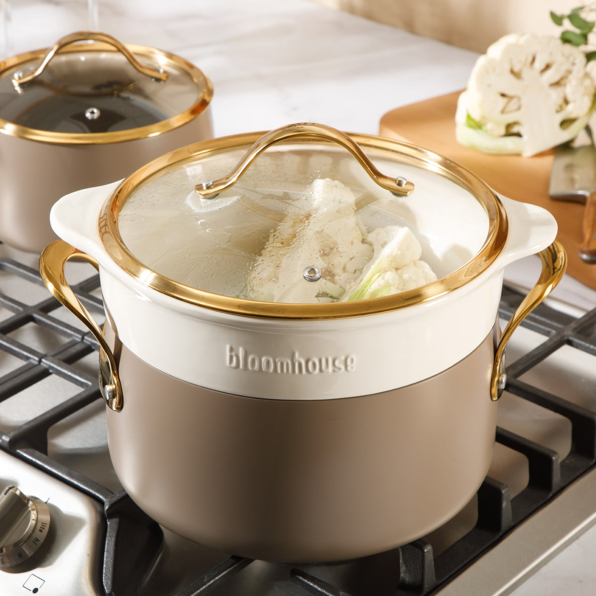 8-Piece Cookware Set - PFAS-Free Ceramic Nonstick Aluminum - Cappuccino Cream with Gold Handles