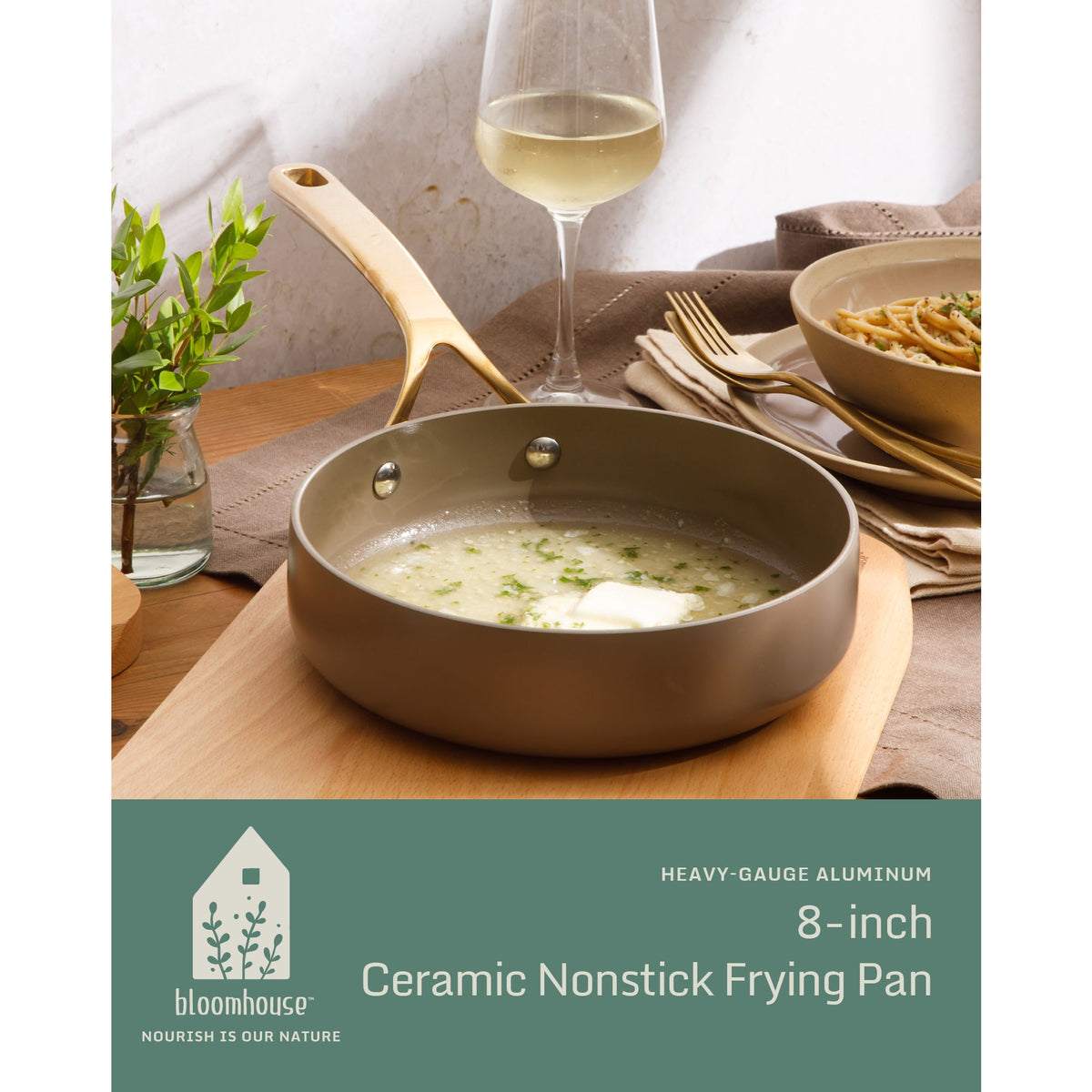8 Inch Sauté Pan - PFAS-Free Ceramic Nonstick Aluminum with Gold Handle, Cappuccino Cream