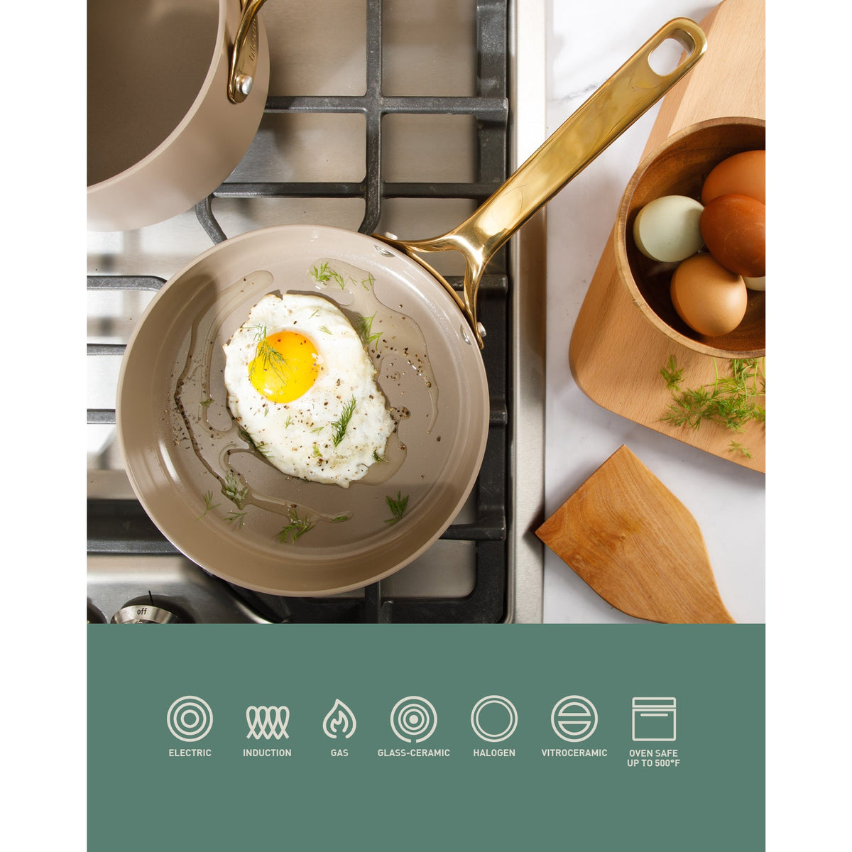 8 Inch Sauté Pan - PFAS-Free Ceramic Nonstick Aluminum with Gold Handle, Cappuccino Cream