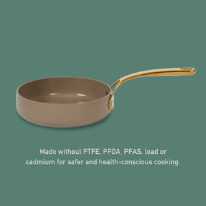 8 Inch Sauté Pan - PFAS-Free Ceramic Nonstick Aluminum - Cappuccino Cream with Gold Handle