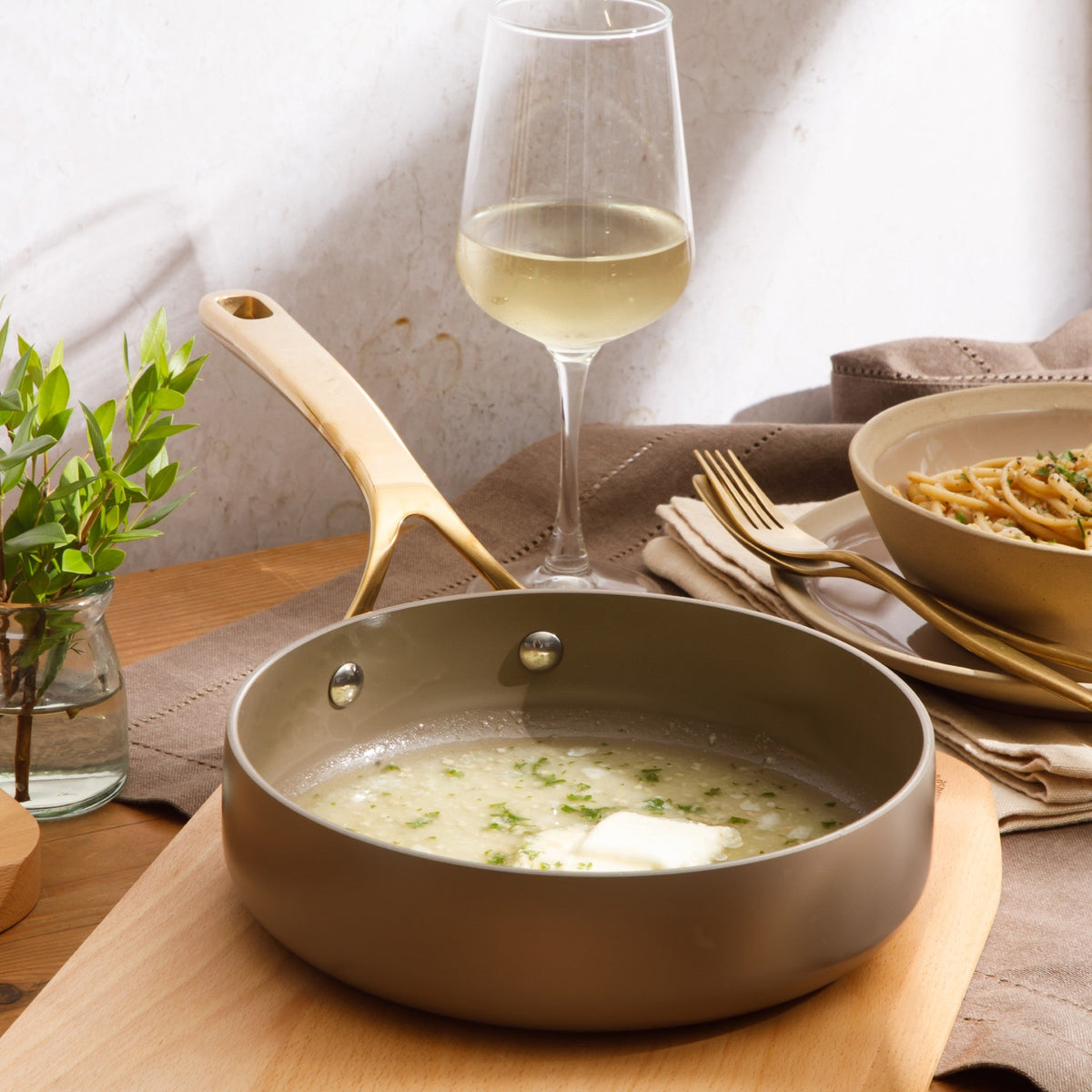 8 Inch Sauté Pan - PFAS-Free Ceramic Nonstick Aluminum with Gold Handle, Cappuccino Cream