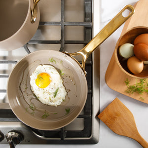 8 Inch Sauté Pan - PFAS-Free Ceramic Nonstick Aluminum with Gold Handle, Cappuccino Cream