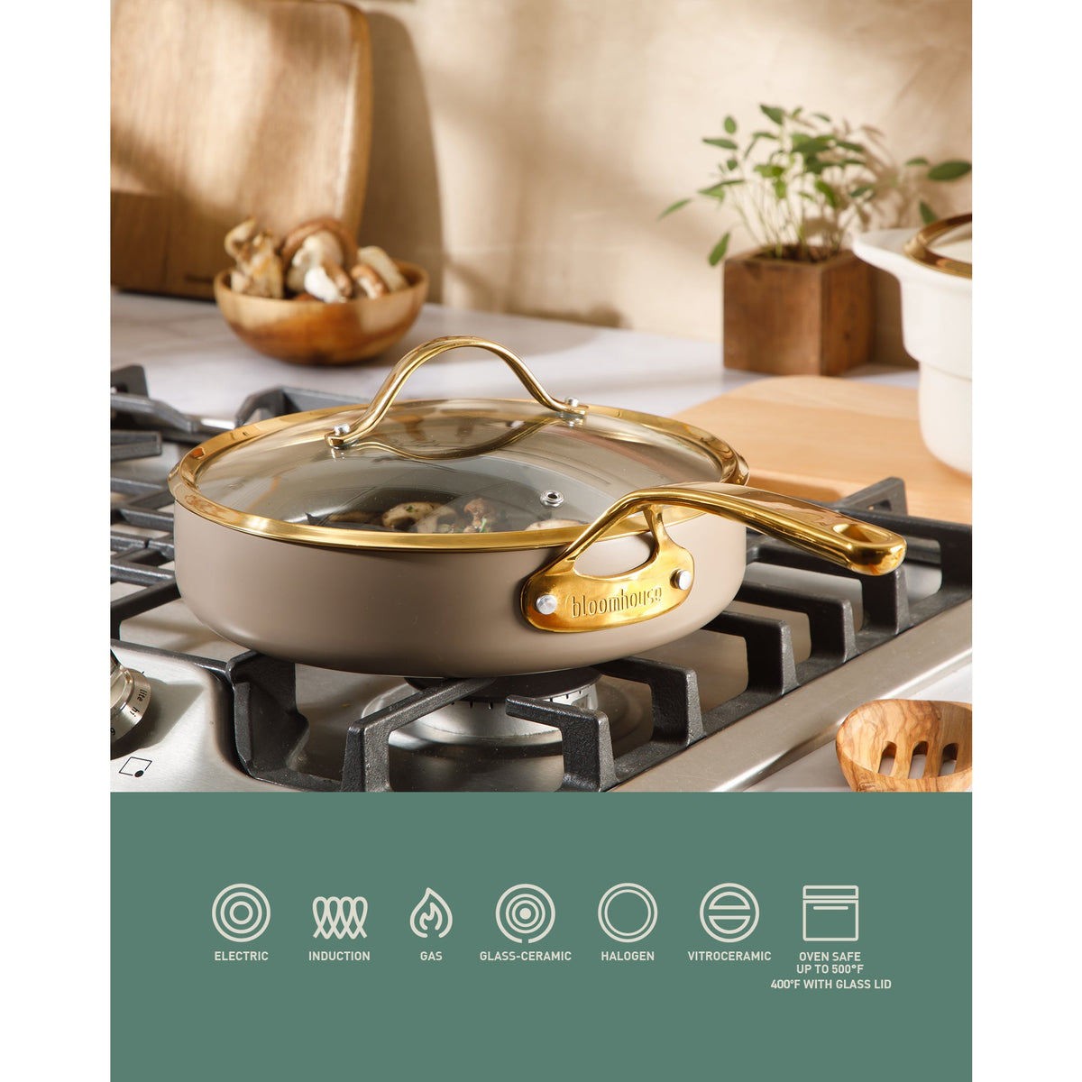 10 Inch Sauté Pan with Lid - PFAS-Free Ceramic Nonstick Aluminum with Gold Handles, Cappuccino Cream