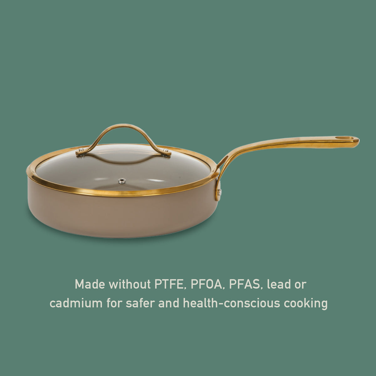 Bloomhouse 10 Inch Heavy Duty Aluminum Premium PFA Free Ceramic Nonstick Saute/Deep Frying Pan Skillet with Lid - Cappuccino Cream with Gold Handle