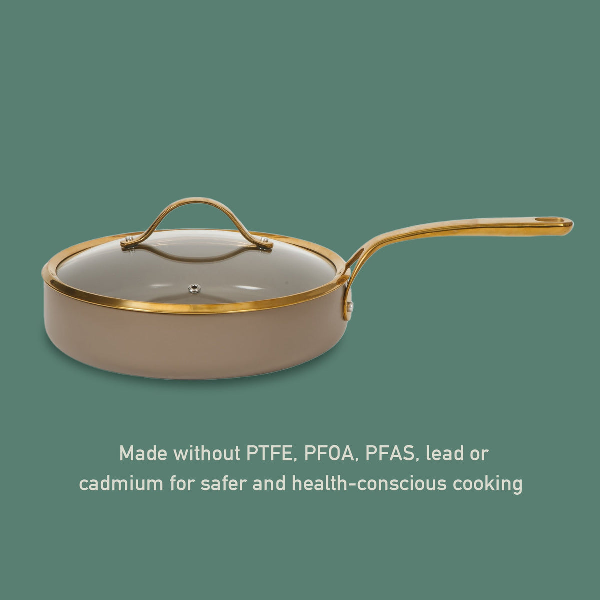10 Inch Sauté Pan with Lid - PFAS-Free Ceramic Nonstick Aluminum with Gold Handles, Cappuccino Cream