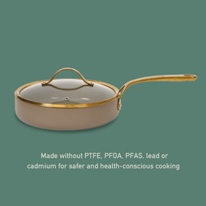 10 Inch Sauté Pan with Lid - PFAS-Free Ceramic Nonstick Aluminum with Gold Handles, Cappuccino Cream