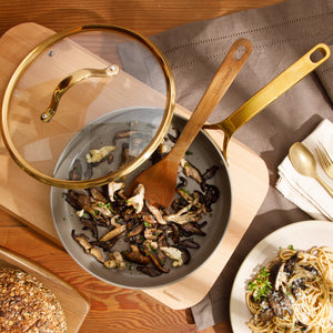 10 Inch Sauté Pan with Lid - PFAS-Free Ceramic Nonstick Aluminum with Gold Handles, Cappuccino Cream
