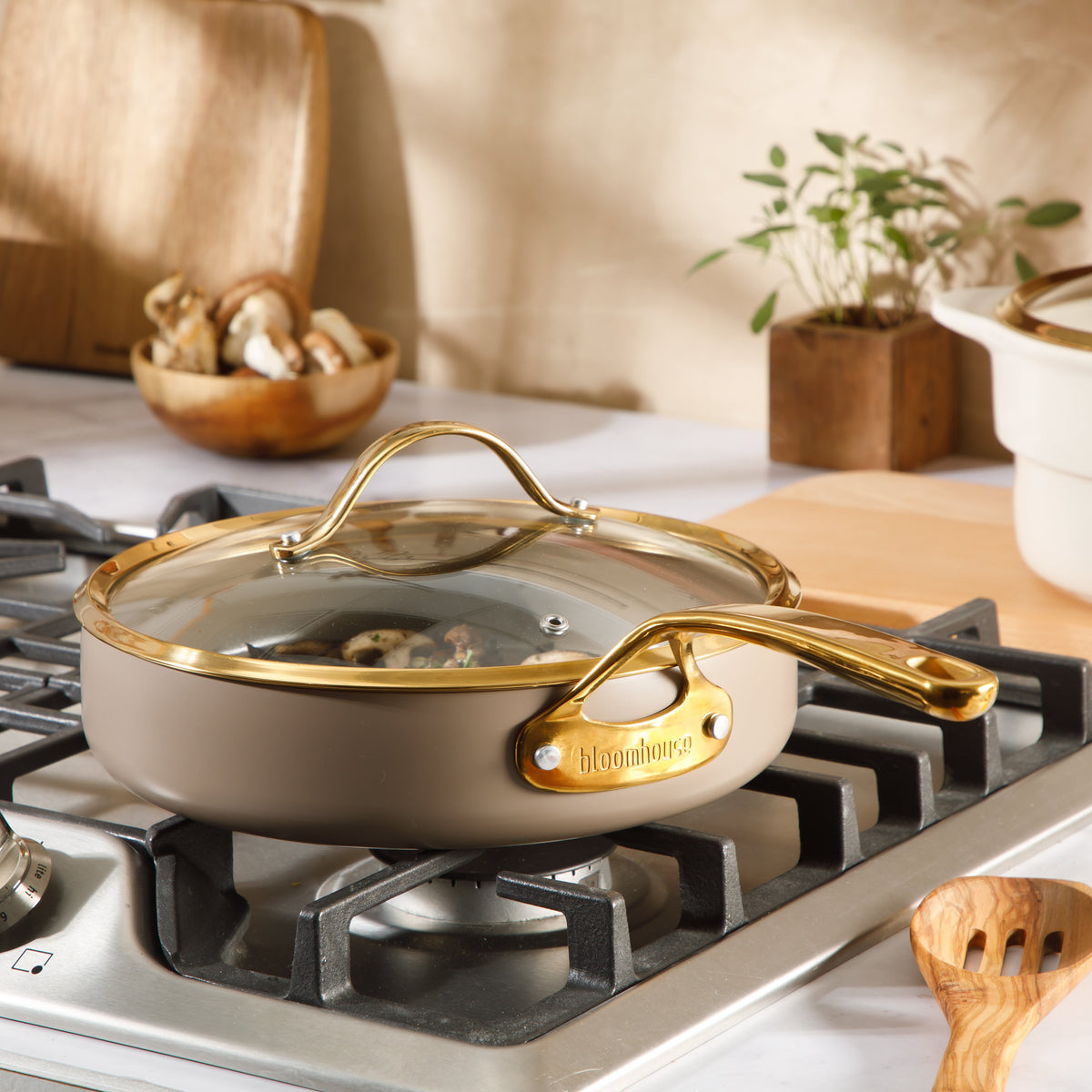 10 Inch Sauté Pan with Lid - PFAS-Free Ceramic Nonstick Aluminum with Gold Handles, Cappuccino Cream