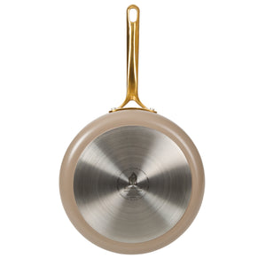 10 Inch Sauté Pan with Lid - PFAS-Free Ceramic Nonstick Aluminum with Gold Handles, Cappuccino Cream