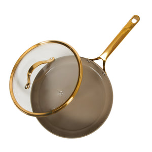 10 Inch Sauté Pan with Lid - PFAS-Free Ceramic Nonstick Aluminum with Gold Handles, Cappuccino Cream
