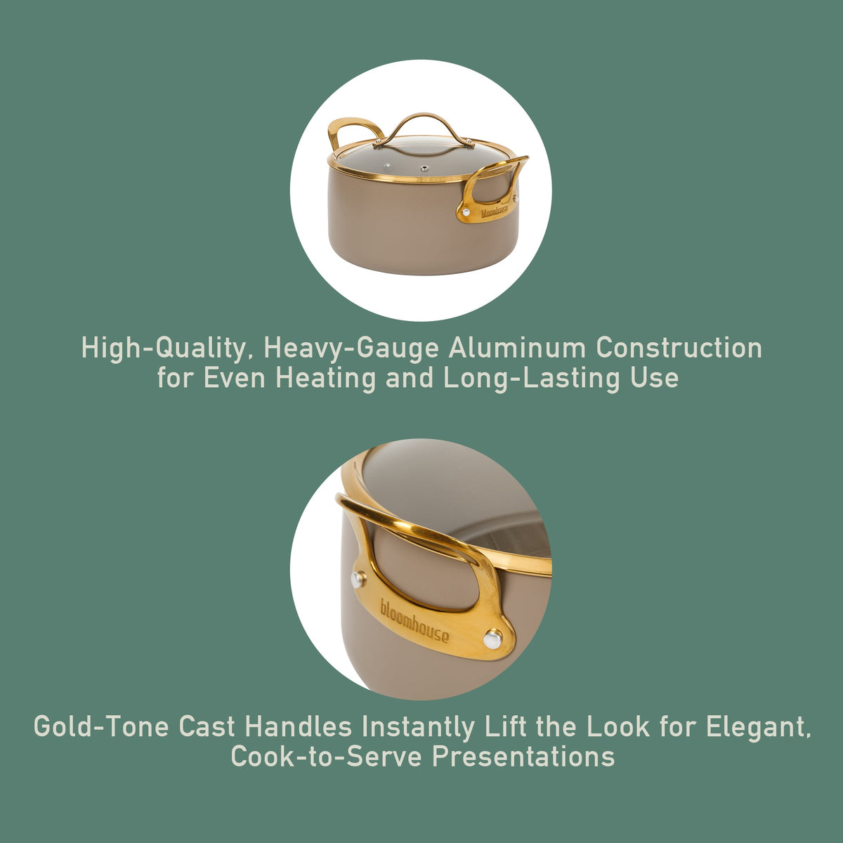 6 Quart Dutch Oven with Lid - PFAS-Free Ceramic Nonstick Aluminum with Gold Handles, Cappuccino Cream