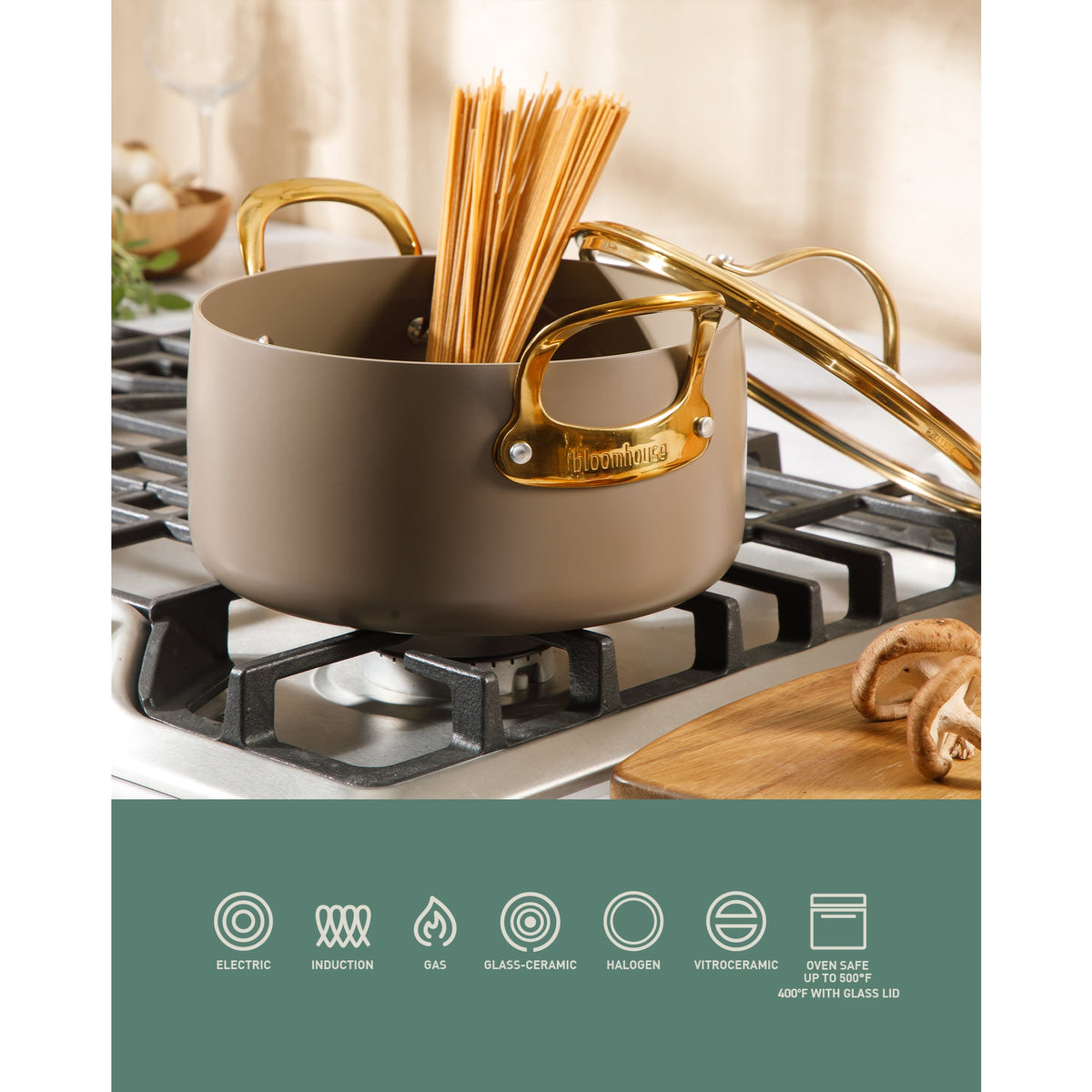 6 Quart Dutch Oven with Lid - PFAS-Free Ceramic Nonstick Aluminum with Gold Handles, Cappuccino Cream