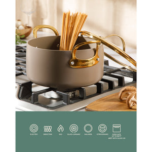 6 Quart Dutch Oven with Lid - PFAS-Free Ceramic Nonstick Aluminum with Gold Handles, Cappuccino Cream