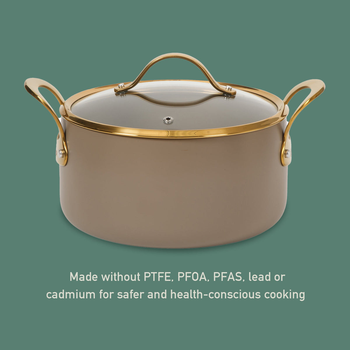 6 Quart Dutch Oven with Lid - PFAS-Free Ceramic Nonstick Aluminum with Gold Handles, Cappuccino Cream