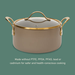 6 Quart Dutch Oven with Lid - PFAS-Free Ceramic Nonstick Aluminum with Gold Handles, Cappuccino Cream