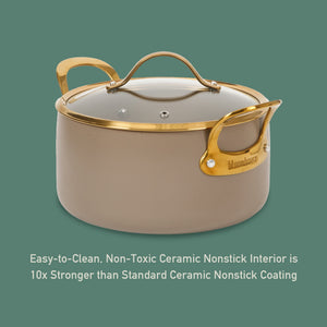 6 Quart Dutch Oven with Lid - PFAS-Free Ceramic Nonstick Aluminum with Gold Handles, Cappuccino Cream