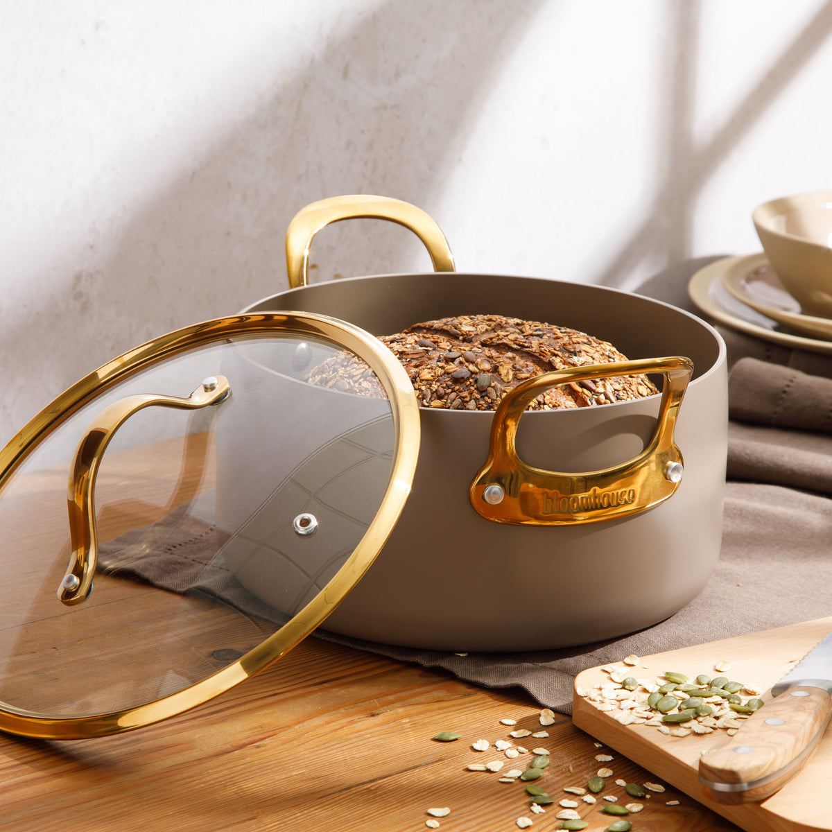 6 Quart Dutch Oven with Lid - PFAS-Free Ceramic Nonstick Aluminum with Gold Handles, Cappuccino Cream