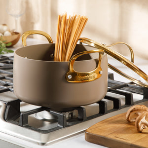 6 Quart Dutch Oven with Lid - PFAS-Free Ceramic Nonstick Aluminum - Cappuccino Cream with Gold Handles