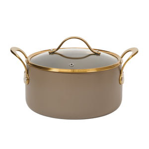 6 Quart Dutch Oven with Lid - PFAS-Free Ceramic Nonstick Aluminum - Cappuccino Cream with Gold Handles
