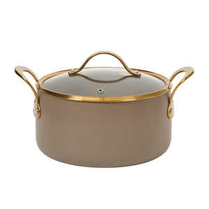 6 Quart Dutch Oven with Lid - PFAS-Free Ceramic Nonstick Aluminum with Gold Handles, Cappuccino Cream