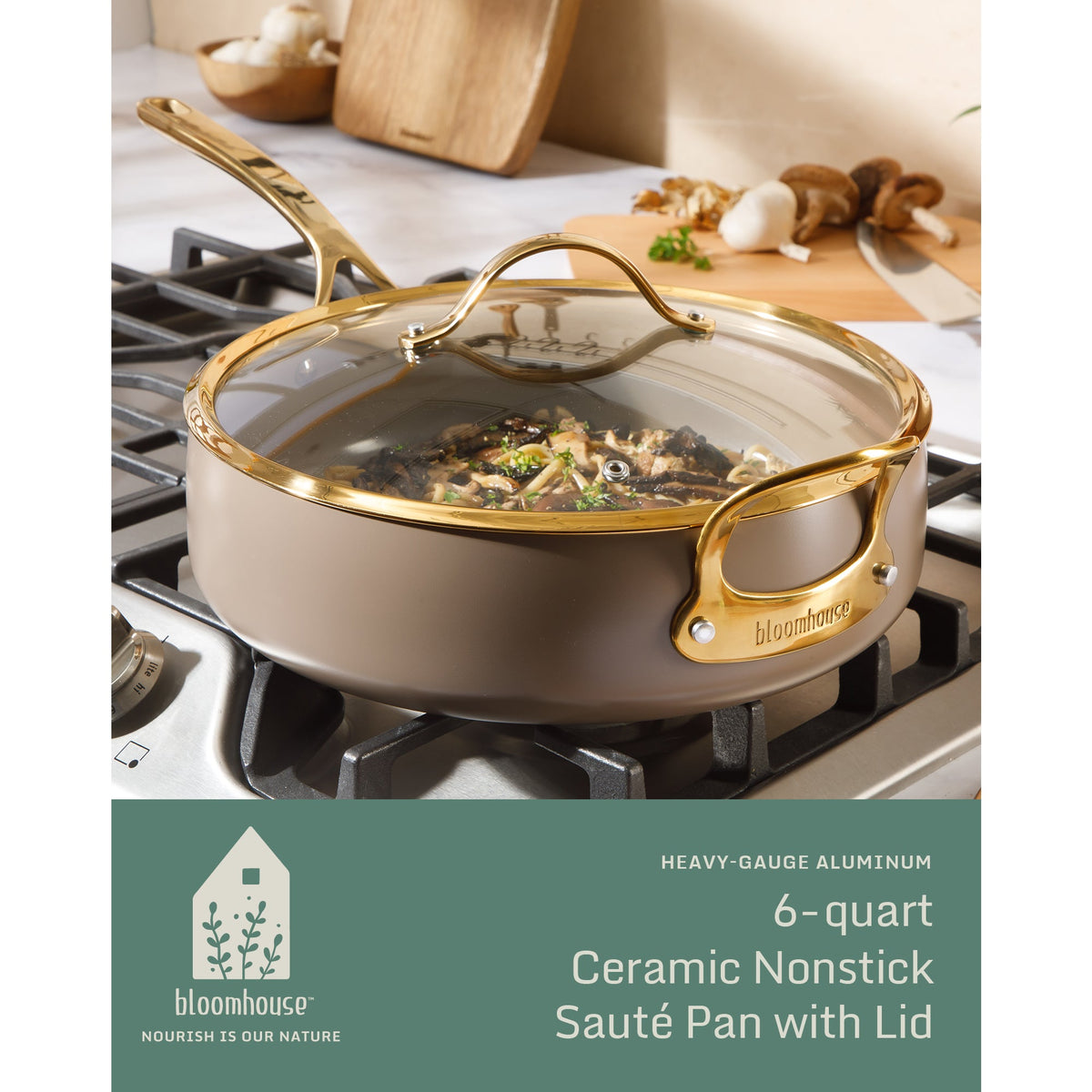 6 Quart Sauté Pan with Lid - PFAS-Free Ceramic Nonstick Aluminum with Gold Handles, Cappuccino Cream