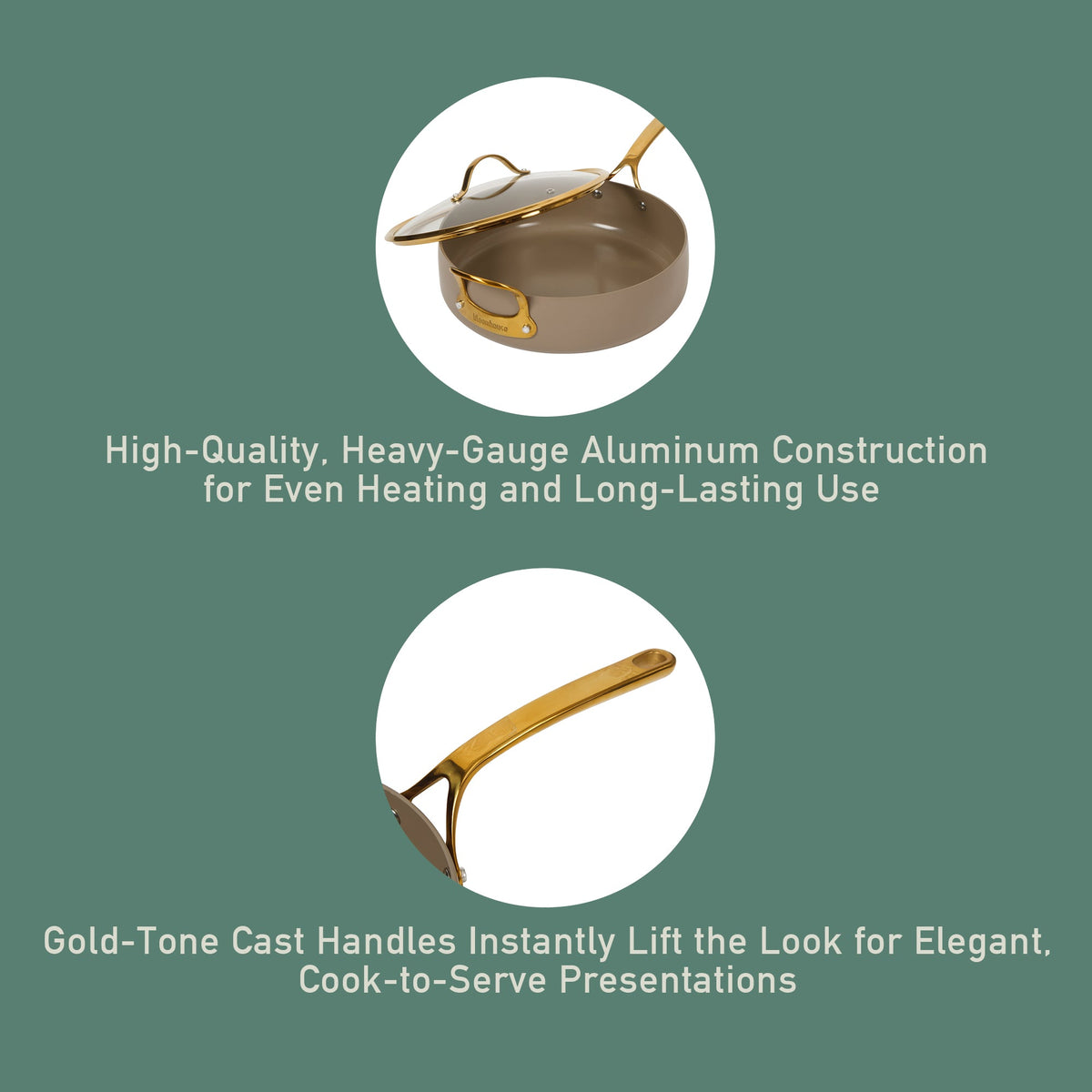 6 Quart Sauté Pan with Lid - PFAS-Free Ceramic Nonstick Aluminum with Gold Handles, Cappuccino Cream